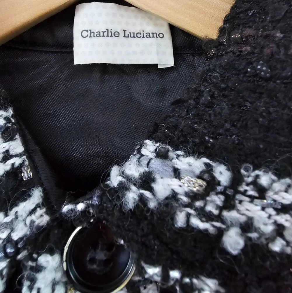 Charlie Luciano Black White Tweed Plaid Oversized Overshirt Button-Up M-L Unisex - Picture 5 of 9
